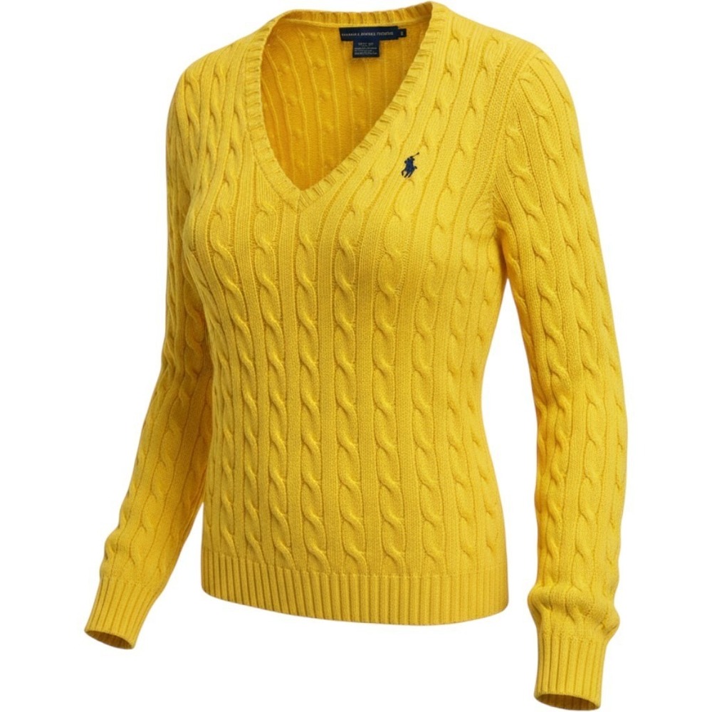 Ralph Lauren Sport Cable Knit Sweater Womens Medium Yellow V-Neck Preppy